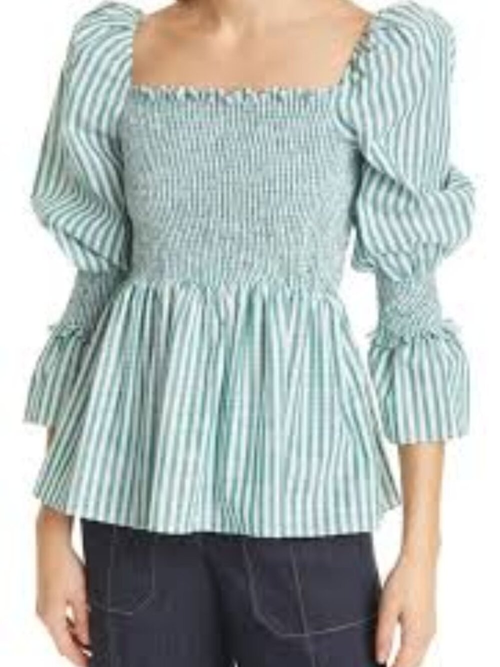 5à7 Cinq a Sept Smocked Stripe Crop Blouse | Puff Sleeve | Cotton | XS | Green W